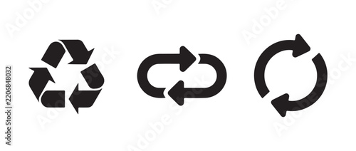 Recycle symbol alongside circular reload and linked arrow icons for sustainable design and data transfer systems.