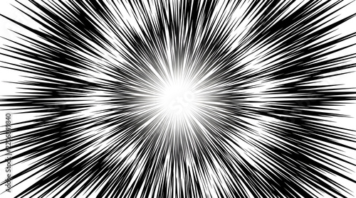 Explosion of Lines: A dynamic, black and white illustration featuring a powerful radial burst of lines emanating from a central bright light, creating a sense of intense energy and speed.