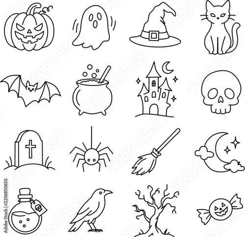 halloween icons set featuring spooky symbols like pumpkin, ghost, bat, and witch hat. Minimal line art doodle vector collection.