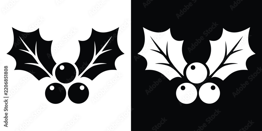 Fototapeta premium Christmas holly berry icon with leaves. Traditional holiday mistletoe plant vector illustration in black and white silhouette.