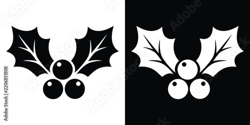 Christmas holly berry icon with leaves. Traditional holiday mistletoe plant vector illustration in black and white silhouette.