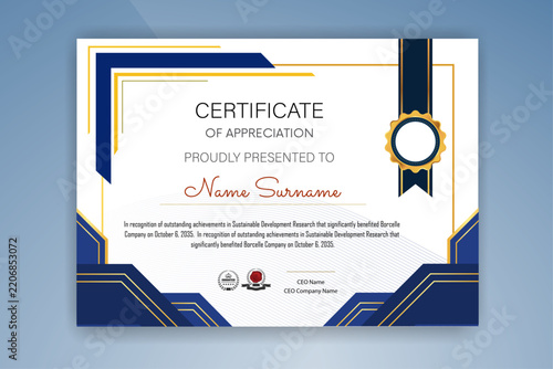 Modern Certificate of Appreciation Template with Navy Blue and Gold Geometric Borders and Ribbon Badge