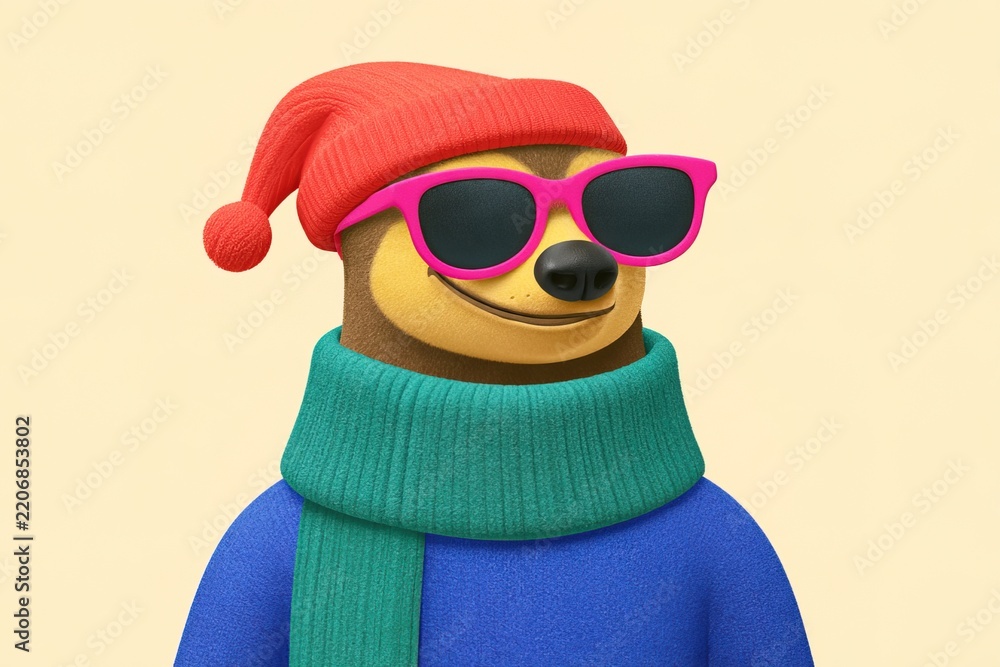Obraz premium Sloth wearing sunglasses and a winter hat with a colorful scarf