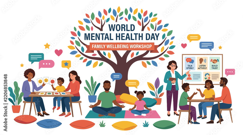 Obraz premium Family Wellbeing Workshop for World Mental Health Day, Diverse People Connecting