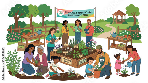 Community Garden Wellness Fair with Diverse People Learning and Gardening