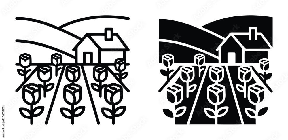 Fototapeta premium Farmhouse Garden Scene, Tulip Field, Rural Landscape, Simple Line Art and Silhouette