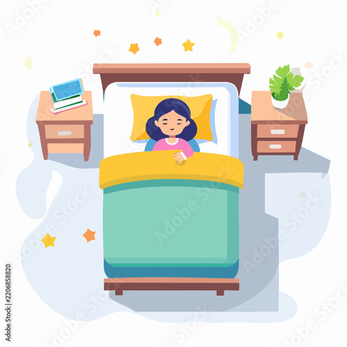 Enfant endormi dans un lit cosy, ambiance nocturne et apaisante, vue du plafond