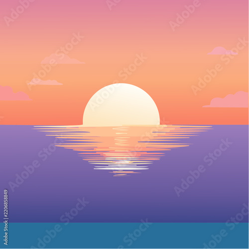 Coucher de soleil stylisé sur océan calme, ambiance zen et colorée