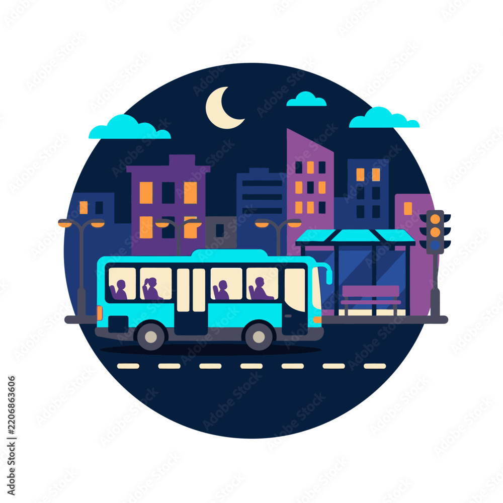 Obraz premium Creative Nighttime City Bus Scene with Illuminated Buildings and Moonlit Sky Flat Design with high quality professional line art symbols for modern creative design and digital branding projects