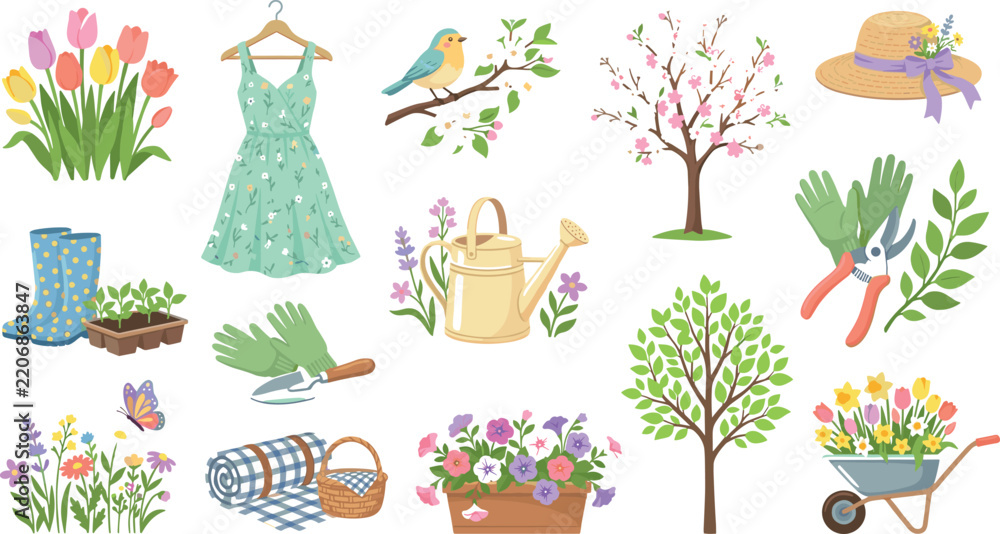Fototapeta premium Spring Gardening Tools and Cottagecore Floral Lifestyle Vector Illustration Set