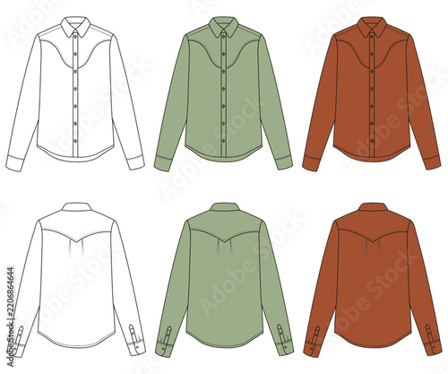 Men's Long Sleeve Dress Shirt Technical Fashion Design, Classic Men's Button Up Shirt Front and Back View, Professional Men's Formal Shirt Apparel Design Template