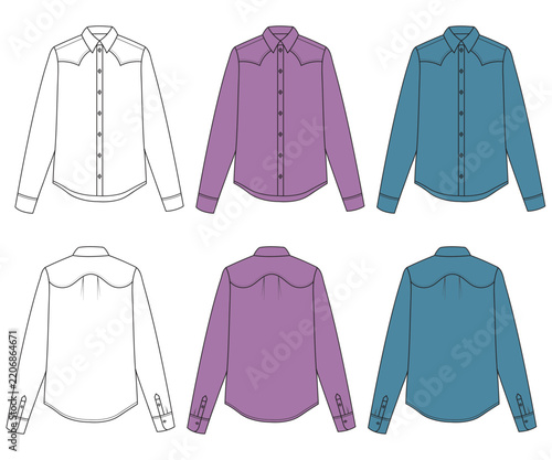 Men's Long Sleeve Dress Shirt Technical Fashion Design, Classic Men's Button Up Shirt Front and Back View, Professional Men's Formal Shirt Apparel Design Template
