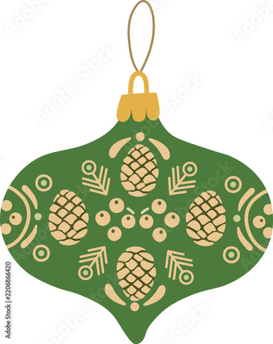 Vintage Green Teardrop Christmas Ornament with Folk Art Pinecone Pattern