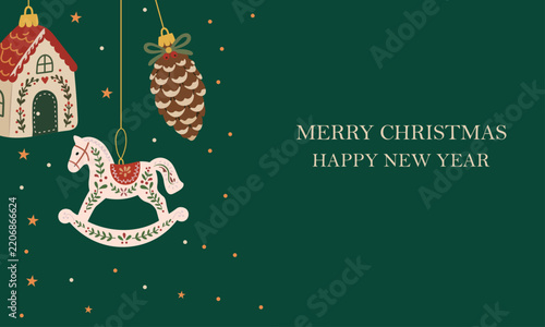 Christmas Greeting Card Banner with Rocking Horse Gingerbread House and Pinecone Ornaments