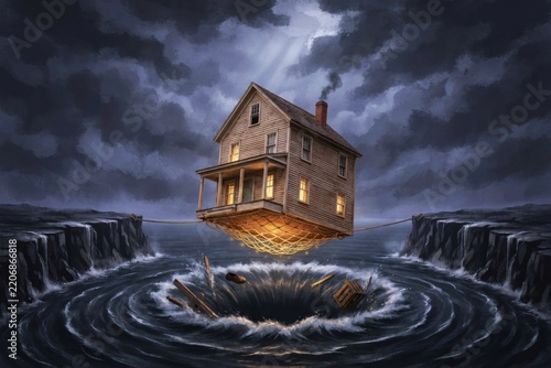 Surreal illustration of a house floating above a massive ocean whirlpool under stormy skies