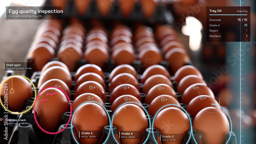 Smart egg quality inspection system with AI graphics scanner detecting cracks and grading fresh brown eggs in tray, automated poultry farm technology, smart agriculture, and industry concept