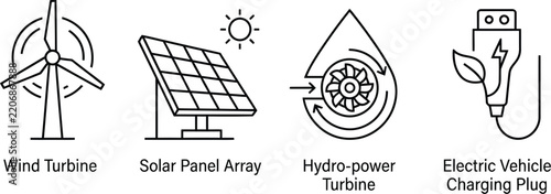 energy icon set, renewable power symbols, electricity generation graphics, solar energy elements, wind turbine icons, battery storage, electric power, green technology, sustainable energy, utility inf