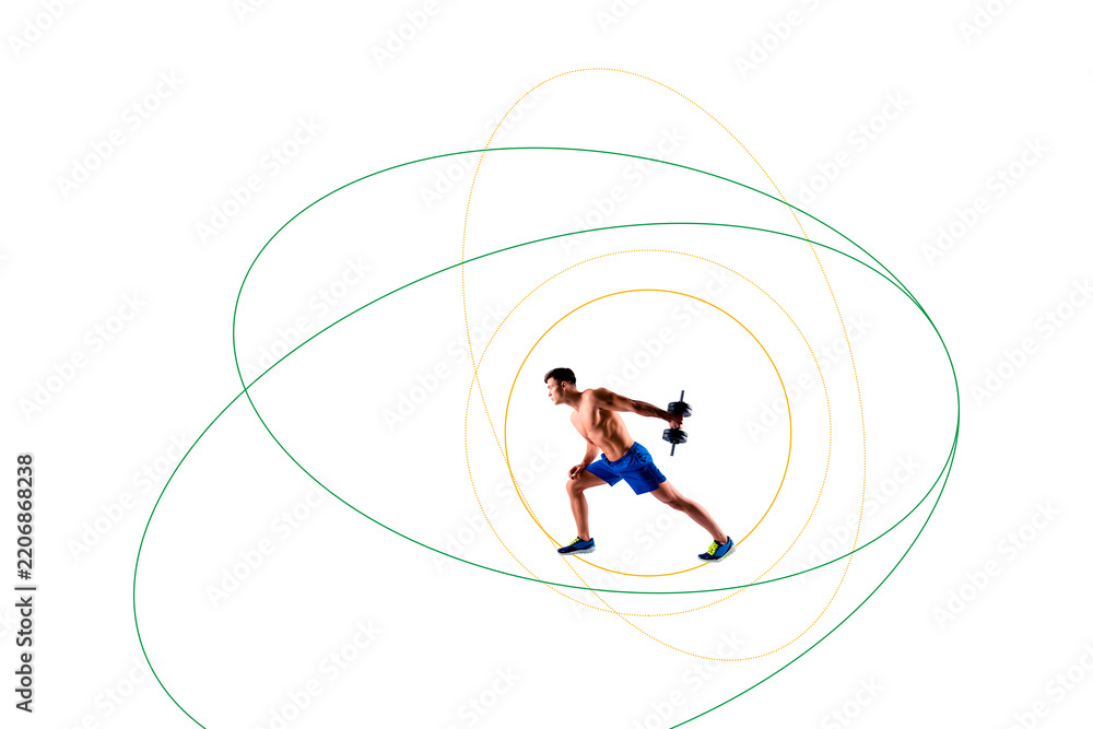 Obraz premium Composite photo collage of serious sportsman carry heavy dumbbells gym powerlifting sportive determination isolated on painted background