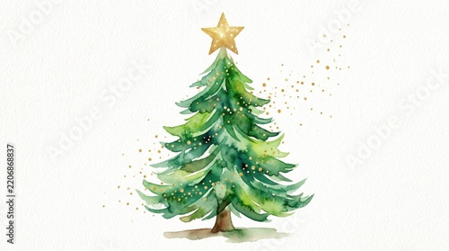 Watercolor Christmas tree decorated with gold star topper and glowing sparkles, festive winter holiday greeting card design element