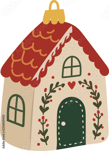House Shaped Christmas Ornament with Scalloped Red Roof and Green Door