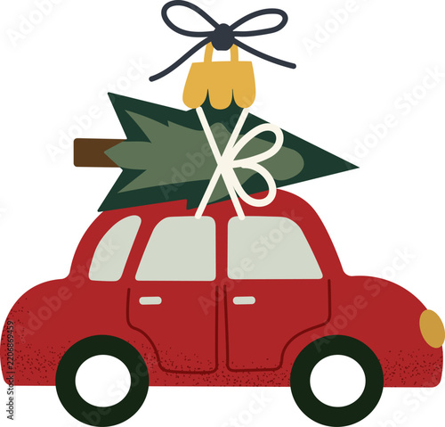 Red Vintage Car Christmas Ornament Carrying Pine Tree on Roof