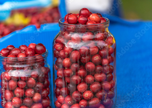 Glass jars filled with fresh red cranberries at an outdoor market, with bright blue fabric and copy space.