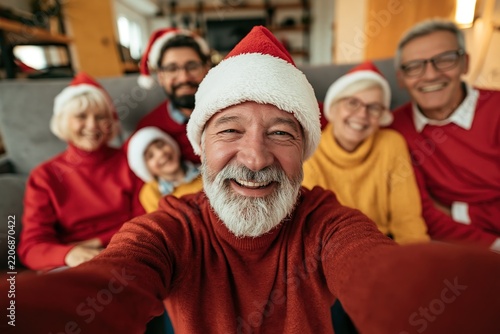 Happy multi-generational family taking a festive selfie together during Christmas holidays