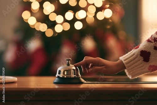 Hand ringing a silver service bell on a wooden counter with festive holiday bokeh background