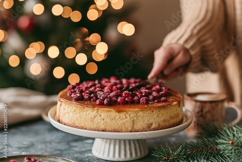 A person slicing a delicious cranberry cheesecake with a festive holiday tree in the background