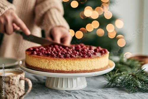 A person slicing a delicious cherry cheesecake on a white stand with festive holiday lighting