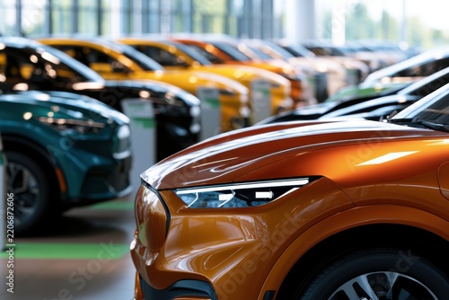 Rows of sleek, modern electric vehicles in vibrant colors displayed inside a spacious, well-lit showroom ready for sale or lease to customers