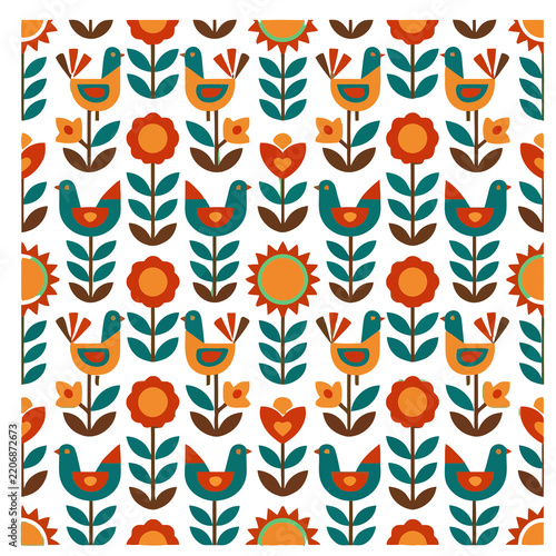 Stylized birds and flowers pattern