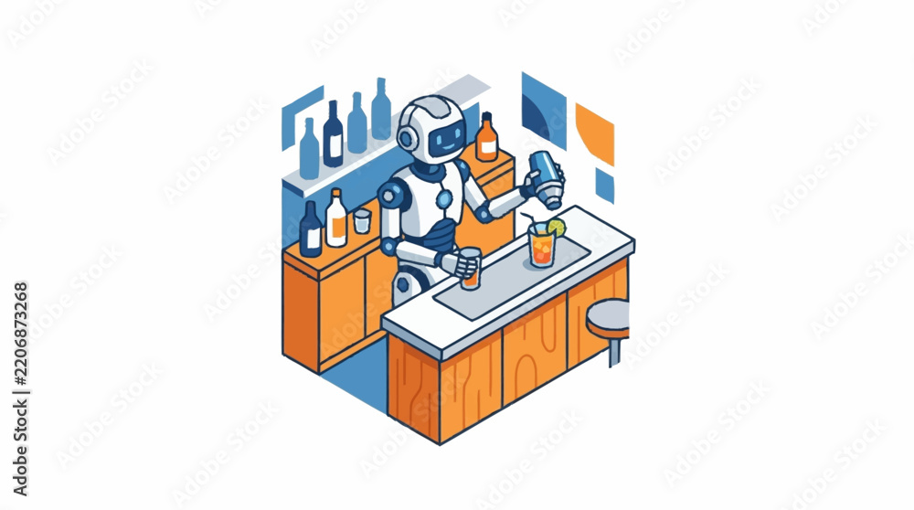 Obraz premium Isometric illustration of an automated robotic bartender preparing cocktails at a bar counter.