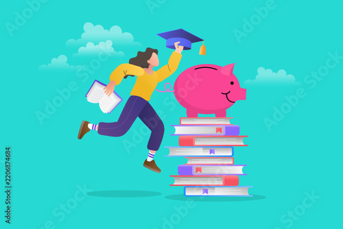 Student jumping to put graduation cap on piggy bank over book stack, portraying college education saving fund concept, tuition fee investment poster, academic scholarship, and money management.