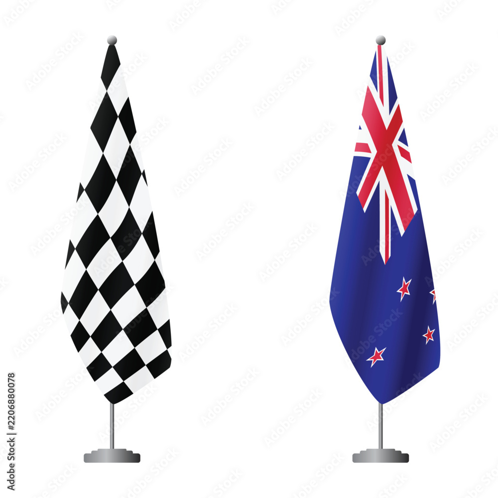 Obraz premium Checkered and New Zealand flags on flagpoles for official ceremonies and meetings, transparent background vector