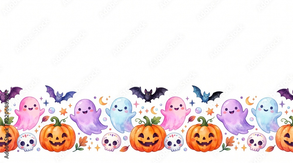 Obraz premium Watercolor cute Halloween seamless border with ghosts and pumpkins on white background