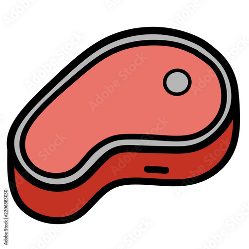 Flat design raw meat steak illustration featuring bold outlines and vibrant red colors with a bone-in cut. Ideal for restaurant menus or butcher shop branding.