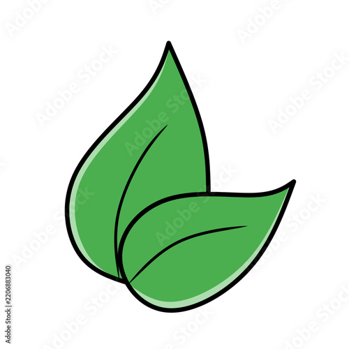 Two vibrant green leaves featuring simple black outlines and subtle highlights. Ideal for ecological logos and environmental icons.
