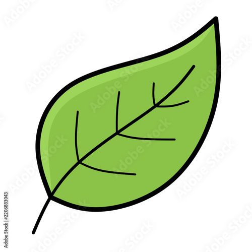A clean flat vector illustration of a vibrant green leaf with black outlines and visible vein details. Perfect for nature themed icons or eco friendly designs.