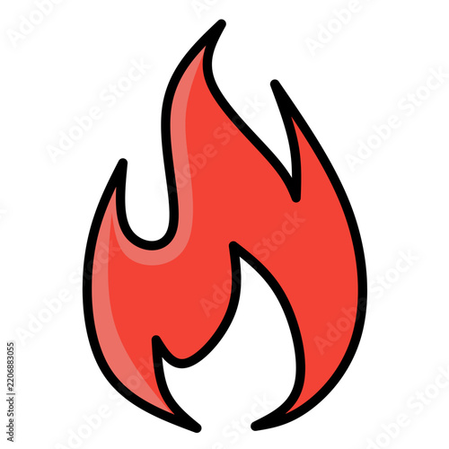 A vibrant red flame graphic with a bold black outline and a lighter red highlight for depth. The shape is stylized and minimalist. Perfect for digital interface icons or heat hazard signs.