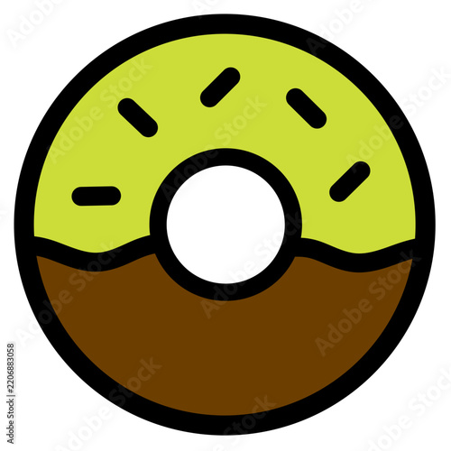 Flat vector illustration of a round donut featuring yellow icing with black sprinkles and chocolate bottom part. Ideal for cafe menus or food themed stickers.