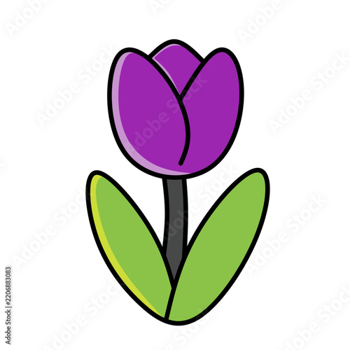 Simple vector illustration of a purple tulip with bold black outlines and bright green leaves. Features a clean and modern flat design style. Ideal for spring themed cards and decorations.