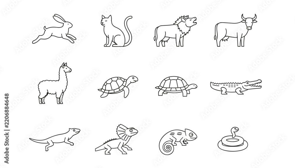 Fototapeta premium Outline line icons of various animals including a rabbit, cat, lion, cow, llama, turtle, crocodile, lizard, and snake.