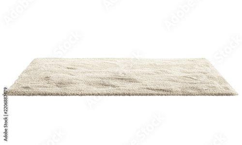 Beige wool and silk rectangular rug with soft hand-knotted pile, abstract tonal shading and subtle organic texture, shown as a 3D render and visualization.