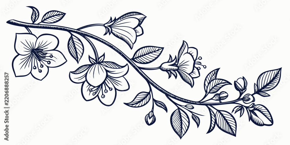 Fototapeta premium Dark blue floral branch with blooming flowers and leaves on a white background, for decorative border