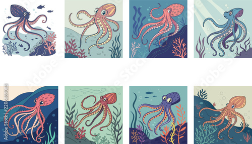 Black octopus tattoo or logo design on white background, marine life illustration