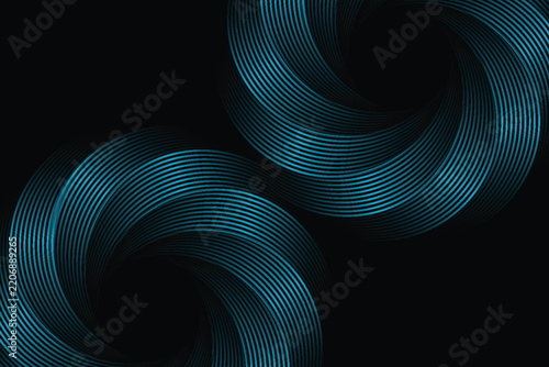 Abstract cyan blue metallic curved lines wave background on dark black backdrop modern geometric spiral swirl dynamic flow line vector illustration design with copy space