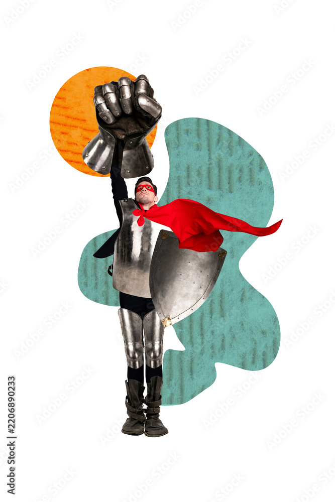 Obraz premium Exclusive image vertical photo collage of serious superman wear cape mask steel armor warrior kingdom protection guard fist
