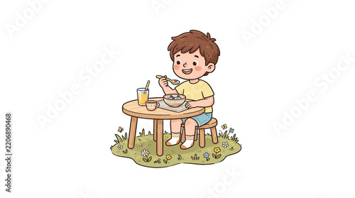 Boy Eating Breakfast Cartoon Vector Illustration