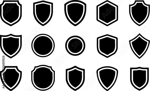 Shield silhouette icons set. Security protection badge and heraldic crest symbols. Medieval defense coat of arms vector design